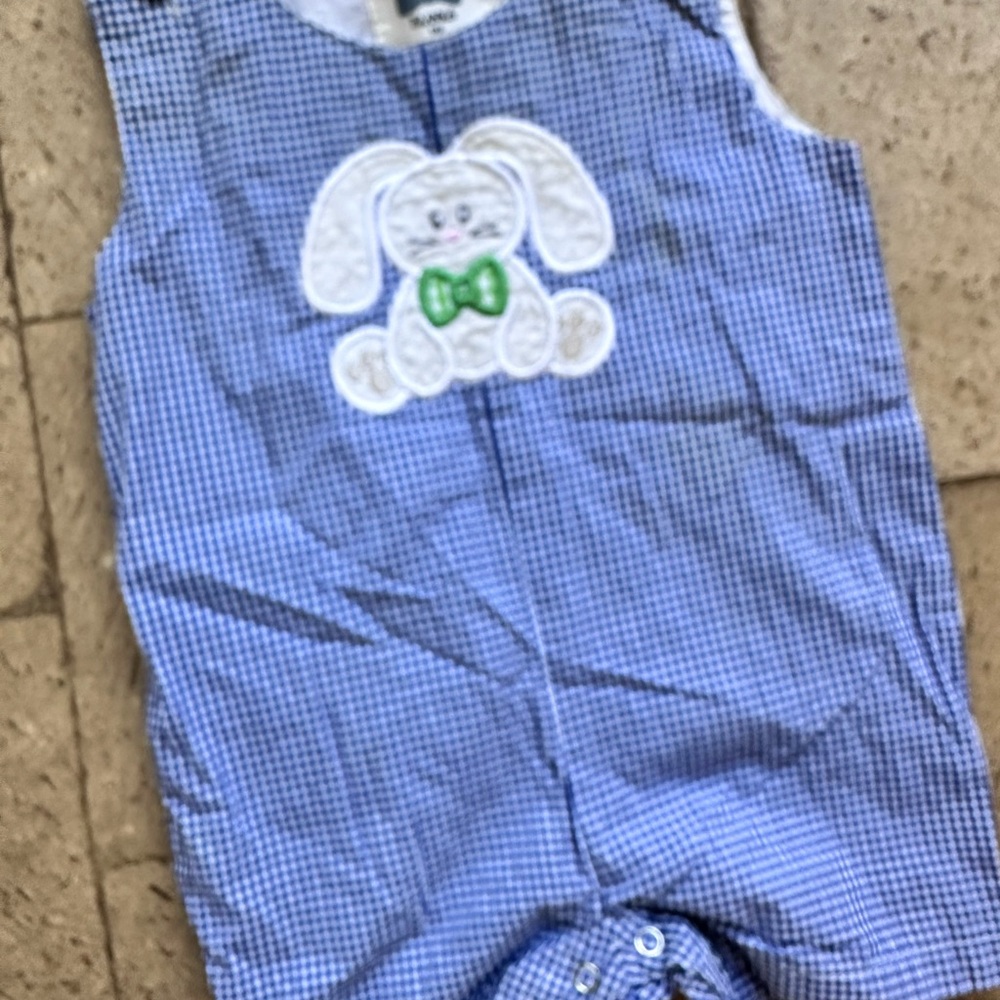 Little Man Blanks Blue Gingham Bunny Easter Jon Jon Romper – 6M